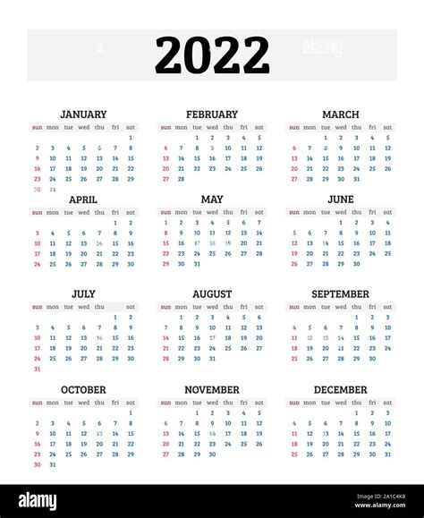 Calendario Para 2022 Imagen Vector De Stock Alamy Images And Photos