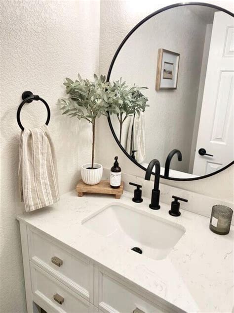 A Bathroom Sink With A Round Mirror Above It And A Potted Plant On The