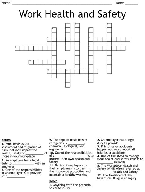 Work Health And Safety Crossword Work Health Workplace Safety