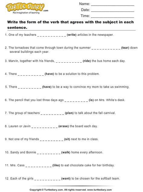 Subject And Verb Worksheet