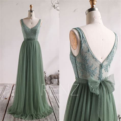 Bridesmaid Dress Dusty Green Tulle Wedding Dress V Neck Lace Party