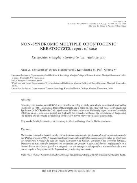Non Syndromic Multiple Odontogenic Keratocyst A Case Report Pdf
