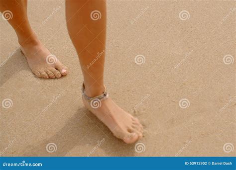 Bare Feet Coated In Sand Walking On Beach Stock Photo Image