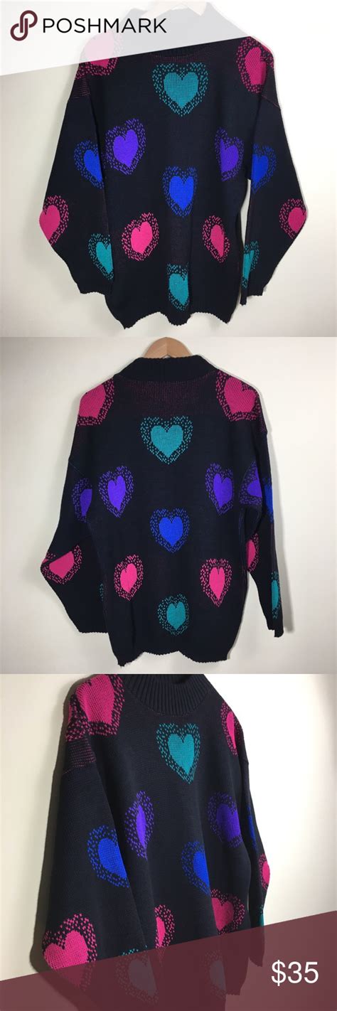 Vintage Hearts Sweater Pink Purple Blue Green Blk Vintage Hearts