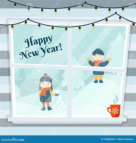 Happy New Year Greeting Card Winter View From The Window Children