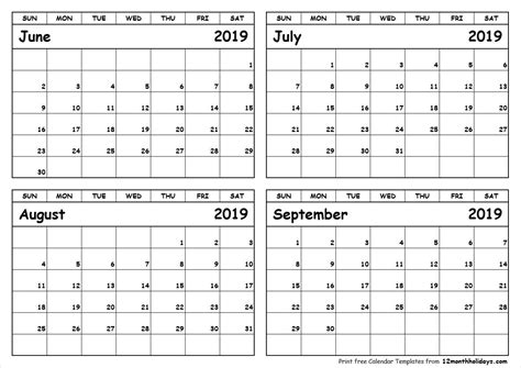 Blank Printable June July Augest Calendars Calendar Template Printable