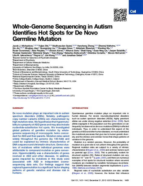 Pdf Whole Genome Sequencing In Autism Identifies Hot Spots For De