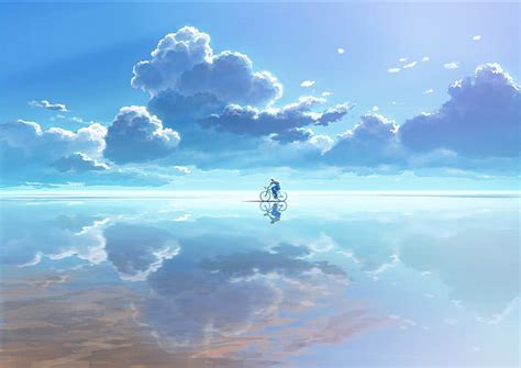 Hd Wallpaper Man Riding Bicycle On Mirror Surface Of Sky Anime Clouds