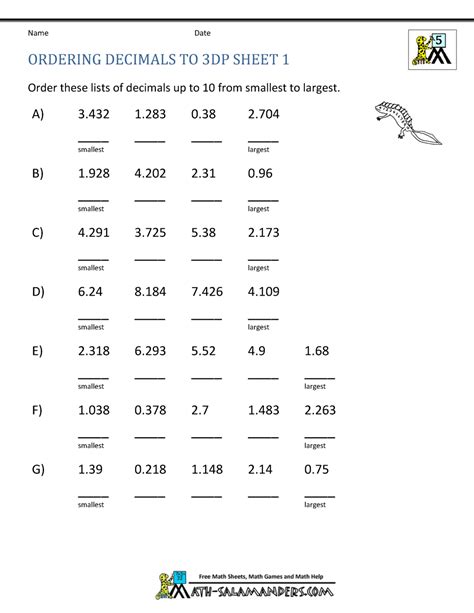 Edhelper.com math worksheets multiplication worksheets. Ordering Decimals to 3dp