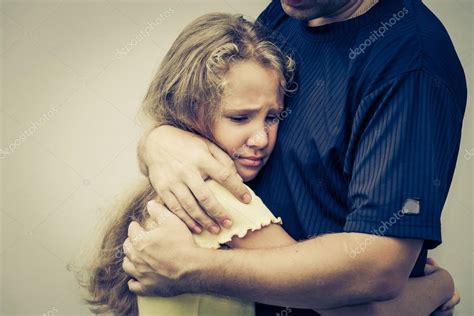 Portrait Of One Sad Daughter Hugging His Father — Stock Photo