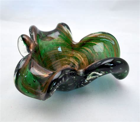 Vintage Art Glass Ashtray Green With Gold Swirl By Upswingvintage