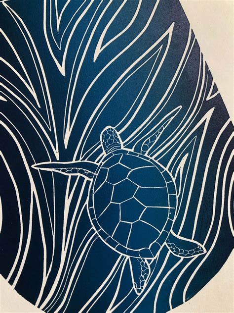 Sea Turtle And The Ocean Original Linocut Print Wall Art Etsy
