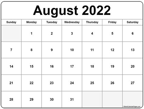 Printable Calendar 2022 August Calendar Example And Ideas