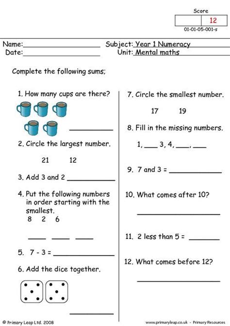 The initial focus is on numbers and counting . Numeracy: Mental maths 4 | Worksheet | PrimaryLeap.co.uk ...