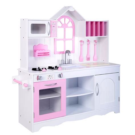 Plastic play kitchens tend to become outdated quickly. Goplus Kids Wood Kitchen Toy Cooking Pretend Play Set ...