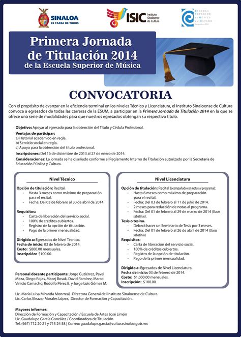 Convocatoria Primera Jornada De Titulación 2014 De La Escuela Superior De Música Escuela