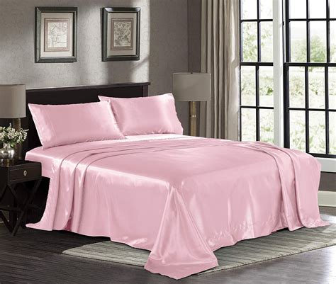 Satin Sheets Full 4 Piece Pink Hotel Luxury Silky Bed Sheets Extra Soft 1800 Microfiber