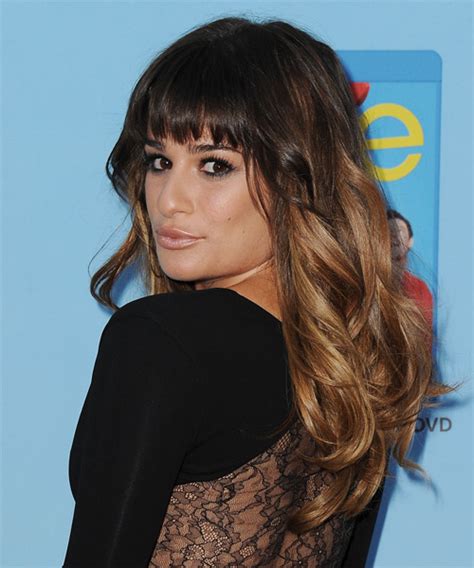 Lea Michele Long Straight Brunette And Dark Blonde Two Tone Hairstyle With Layered Bangs