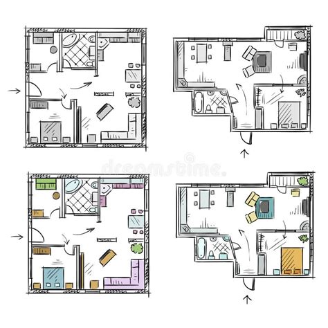 Plano Com Mobília Esboço Do Apartamento Do Vetor Ilustração Do Vetor