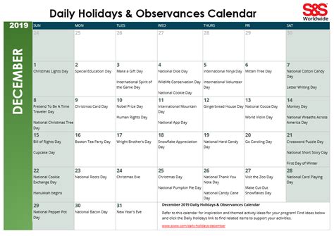 Printable Daily Holiday Calendar