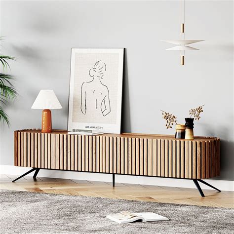 Mid Century Modern Solid Wood Tv Stand Rustic Slatted Media Console