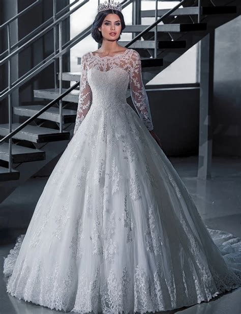 Buy Vintage Bridal Ball Gown Long Sleeve Lace Wedding Dresses Princess Bride