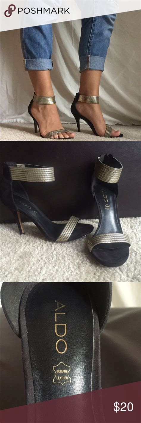 Aldo Heels Black Suede Womens Heels Genuine Leather Size 7 Silver Zipper Straps 3 Inch Heel