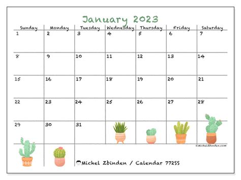 Calendar January 2023 Cactus Ss Michel Zbinden Nz