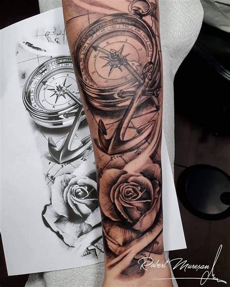 Compass Anchor And Rose Tattoo Realsim In 2021 Rose Tattoos For Men