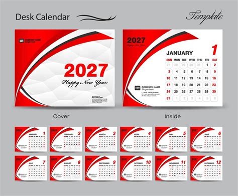 Calendar 2027 Template Set Vector Week Starts Sunday Set Of 12 Month