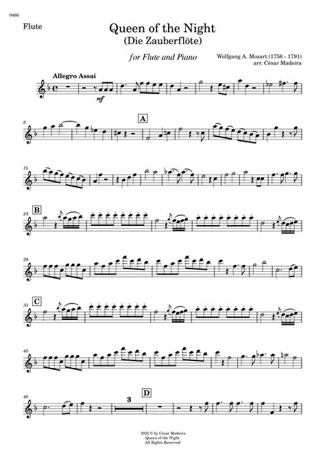 Queen Of The Night Aria Flute And Piano Individual Parts Arr