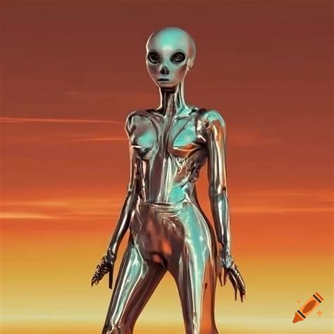 Female Alien In Silver Suit At Sunset On Craiyon