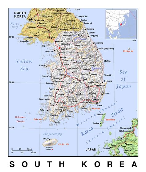 Detailed political map of South Korea with relief | South Korea | Asia