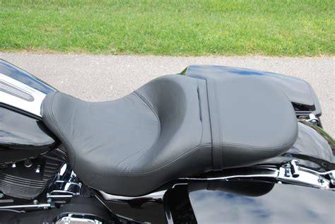 I had the double decker mod done with custom stitching. Street glide seats - Harley Davidson Forums