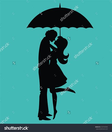 Kissing Couple Under Umbrella Silhouette Banco De Ilustração Vetorial 255763594 Shutterstock