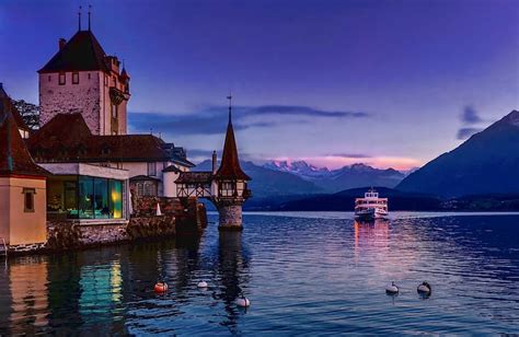 Hd Wallpaper Sunset Mountains Lake Castle Switzerland Alps Ship