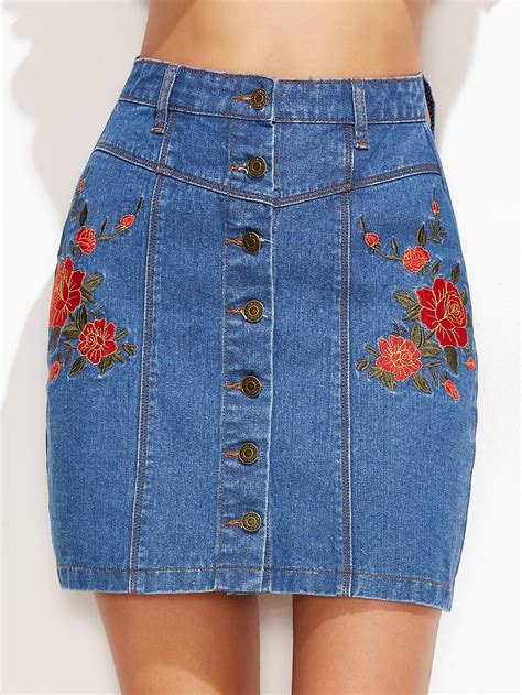 Blue Flower Embroidered Button Up Denim Skirt Makemechiccom