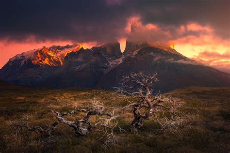 Torres Del Paine Chile Mountain Clouds Sunrise Red Orange Snowy Peak