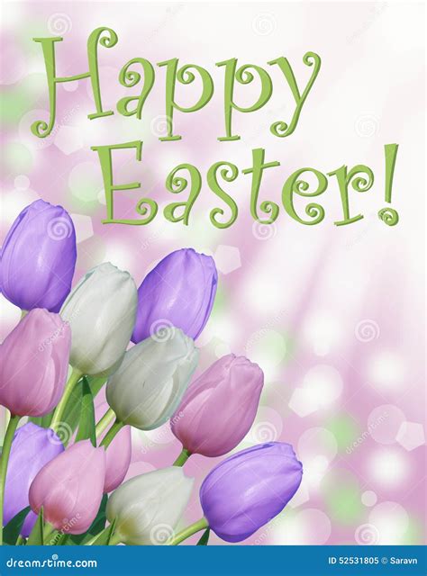 Happy Easter Card Text With Pink Purple And White Tulips And Abstract