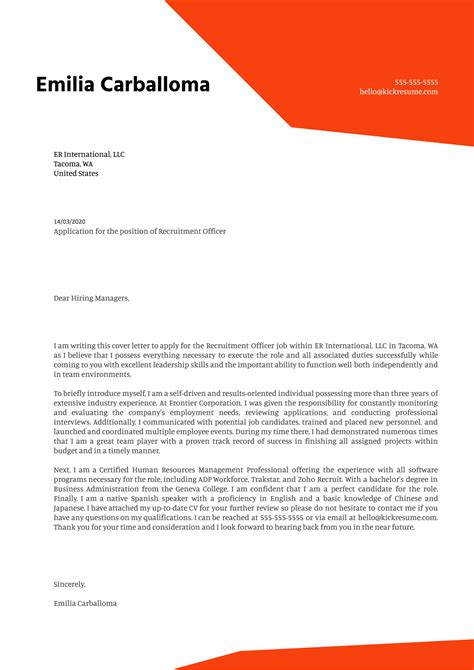 The letter is an official document. Recruitment Officer Cover Letter Example | Kickresume