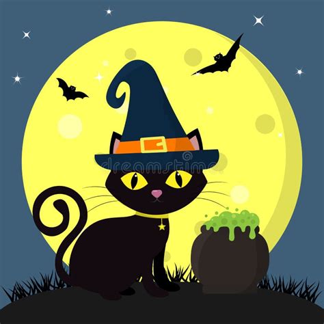 Happy Halloween A Black Cat Of Halloween In A Witch Hat Sits Against A