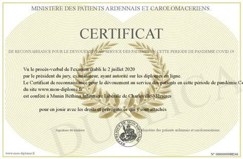 Certificat De Reconnaissance Pour Le Devouement Au Service Des Patients
