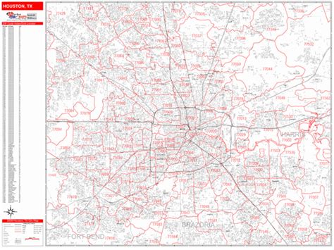 Houston Texas Zip Code Wall Map Red Line Style By Marketmaps