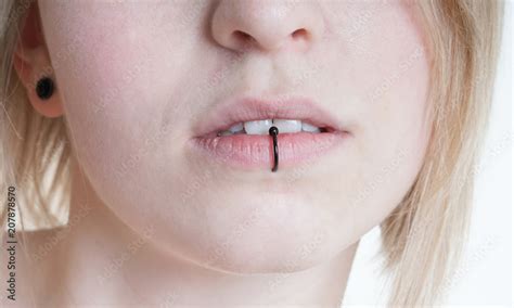 Pierced Female Lips With Vertical Labret Piercing Or Lip Ring On Middle Lower Lip Photos Adobe