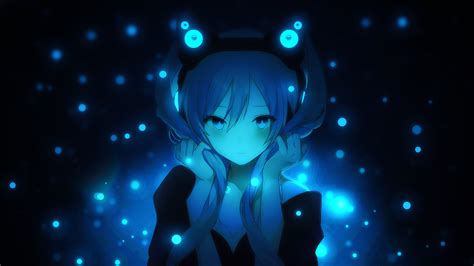 Wallpaper Hatsune Miku Long Hair Vocaloid Cat Headphones Dark Blue Light Blue Cute
