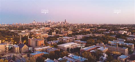 Twilight Aerial Drone View Of Logan Square Chicago