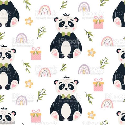 Panda Seamless Pola Lucu Bayi Beruang Vektor Latar Belakang Ilustrasi