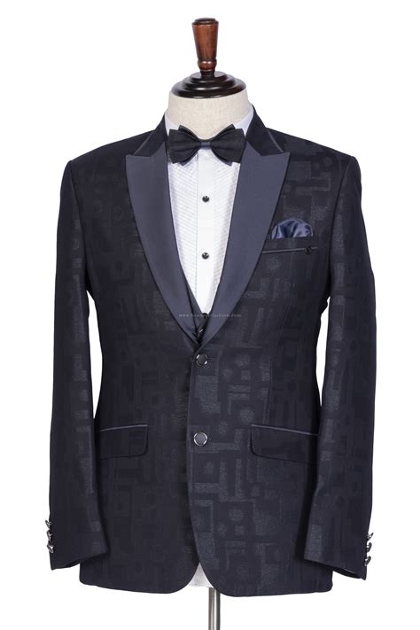 Navy Blue Jacquard Party Wear Tuxedo Suit For Men Bennevis Fashion