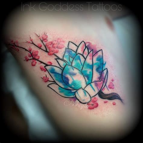 Lotus tattoos with a splash of fun colors in the background or a lotus tattoo filled with a watercolor effect have been tattoo favorites lately. Watercolor Lotus & Cherry Blossom Tattoo by Haylo by Haylo ...