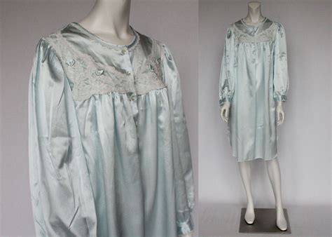 Vintage Miss Elaine Light Blue Satin Nightgown Flannel Lined Etsy